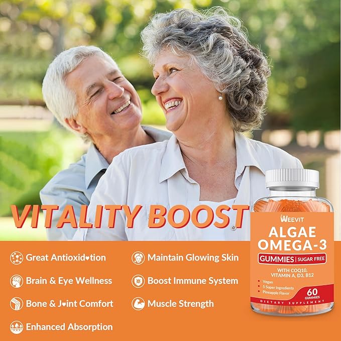 Vegan Omega 3 Gummies, Algae Omega 3 Supplement DHA 240mg, EPA 110mg w/Vitamin B12, CoQ10, Omega 3 Fish Oil Alternative for Adults - Brain, Bone, Joint, Eye & Immunity Support