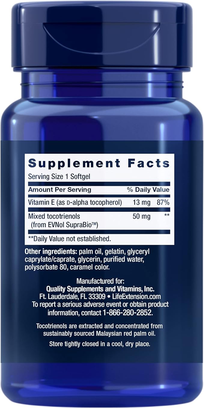 Life Extension Super Absorbable Tocotrienols, Vitamin E as D-Alpha tocopherol, Mixed tocotrienols, Support Hair Growth, Brain Function, Gluten-Free, Non-GMO, 60 softgels