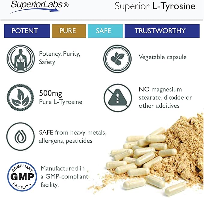 Superior Labs – Pure Natural L-Tyrosine NonGMO – 500 mg, 120 Vegetable Capsules – Supports Mental Clarity – Promotes Alertness – Boosts Energy – Dietary Supplement for Calming and Relaxation