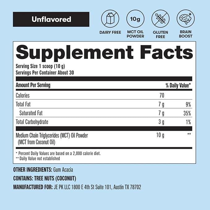 Perfect Keto 7g MCT Oil Powder, Medium Chain Triglycerides Supplement, Non Dairy Coffee Creamer for Keto Diet, Ketogenic MCT Oil Mix for Coffee, Smoothie, Protein Shakes, Tea, Unflavored, 30 Servings