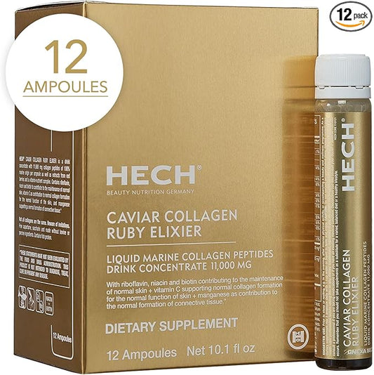 HECH Caviar Collagen Ruby Elixier - Beauty Supplement with 11,000 mg Marine and Caviar Collagen Peptides, Polyphenols and Complex of 9 bioactive Vita-Mineral Nutrients