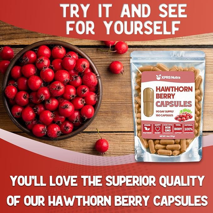 XPRS Nutra Hawthorn Berry Capsules - 180 Count (90 Day Supply) of Premium USDA Hawthorne Berry Capsules for Cardiovascular Support - Vegan Friendly Hearth Health Supplement