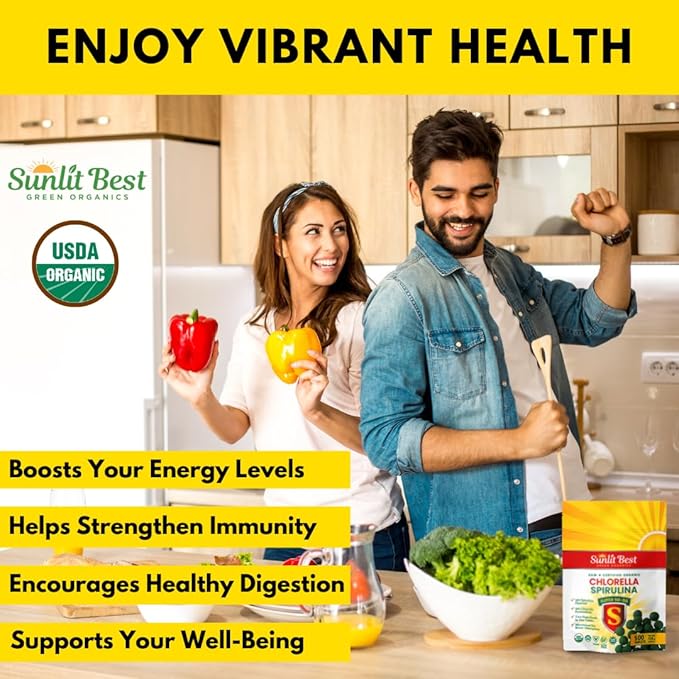 Sunlit Super 50/50 Organic Chlorella Spirulina Tablets - Super Supplement for Immune Support, Gut Health, Mood & Energy - Rich in Chlorophyll, Amino Acids & Vegan Protein, 500 Superfood Tabs