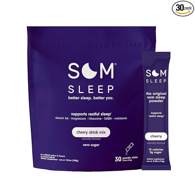 Som Sleep, Restful Calm Sleep Powder Drink Mix, 3mg Melatonin, Magnesium, Vitamin B6, L-Theanine, GABA – Vegan, Zero Sugar, Keto Friendly – Cherry, 30-Pack