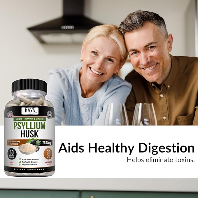 Kaya Naturals Psyllium Husk Capsules - 60 Count | High Fiber Supplement | Digestive Health & Regularity | Gluten-Free, Non-GMO