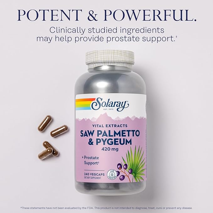 SOLARAY Saw Palmetto and Pygeum - Saw Palmetto for Men and Pygeum Bark - with Zinc, Vitamin B6, Pumpkin Seed and Amino Acids - Prostate Supplements for Men w/Beta Sitosterol, 60 Servings, 240 VegCaps