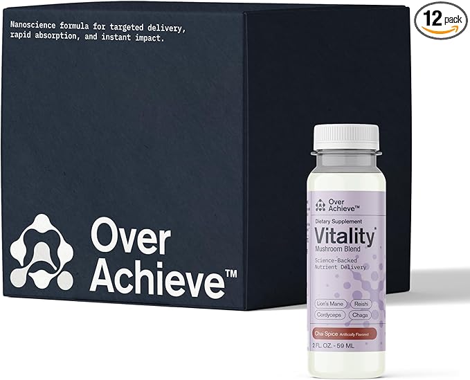 Mushroom Supplement Drink Fast-Acting Vitality Blend, Cordyceps, Reishi, Chaga, Lion’s Mane, Ashwagandha, for Adults, Chai Spice Flavor 2 fl oz (12 Pack)