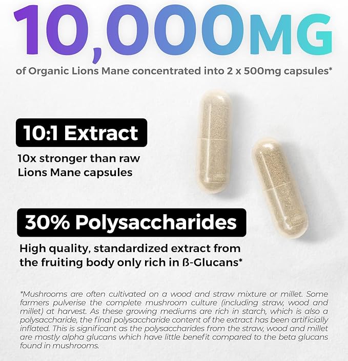 USDA Organic Lions Mane Capsules - 10:1 Extract Equals 10,000mg of Lion’s Mane Mushroom - Powerful 30% Polysaccharides - for Energy, Memory and Focus Supplement - 60 Vegan Capsules (No Pills/Powder)