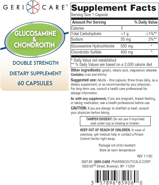 Gericare Glucosamine HCl 500 mg, Chondroitin Sulfate 400 mg with Sodium 35 mg Supplement Capsules - Supports Joint Mobility, Promotes Cartilage Health and Flexibility, 60 Count (Pack of 1)