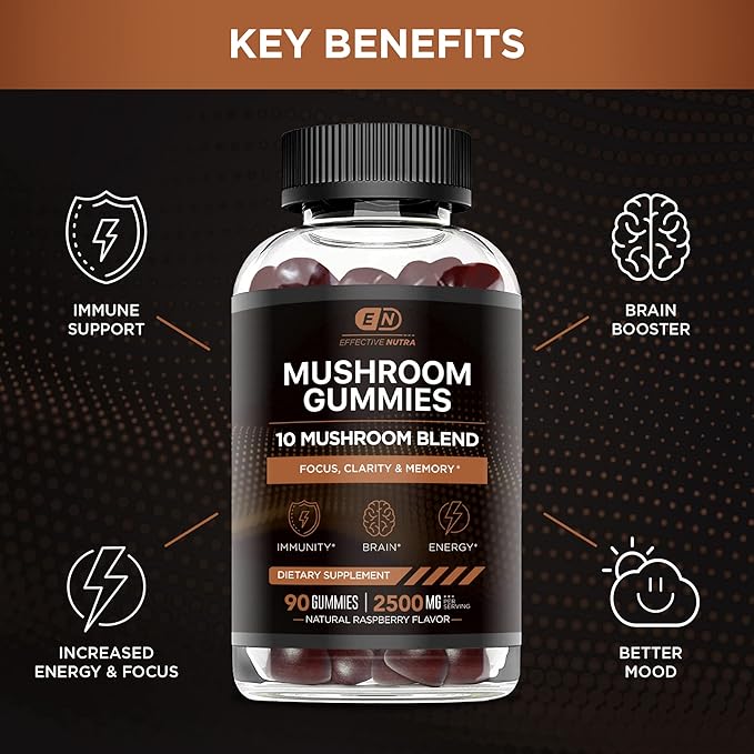 Mushroom Gummies 2500mg | 10 Blend w/Lions Mane, Reishi, Chaga, Cordyceps & More | Focus, Memory, Immunity, Energy | Natural Berry Flavor Supplement | Vegan, Made in USA (90ct)
