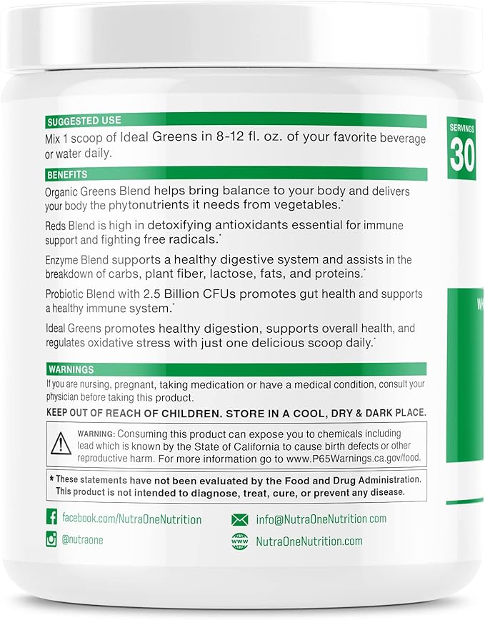 NutraOne Ideal Greens Antioxidant and Nutrient-Rich Superfood Greens Powder Supplement (Chocolate- 30 Servings)