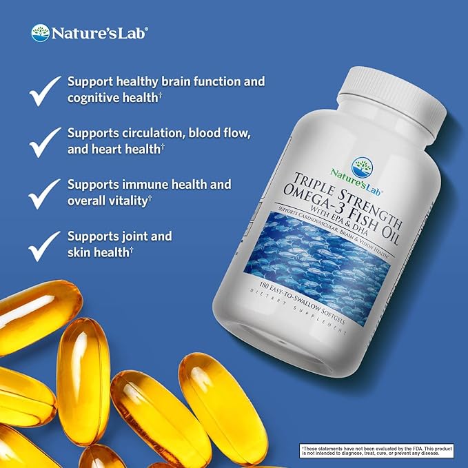Nature's Lab Triple Strength Omega-3 Fish Oil with EPA & DHA - Supports Healthy Brain Function, Cognitive Health & Circulation - 180 Softgels (3 Month Supply)