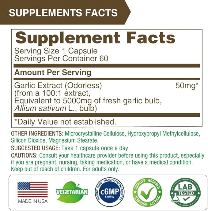 Lovita Odorless Garlic Extract, 50mg 100:1 Concentrate, High Potency, 1.25% Allicin, Gluten-Free, Supports Immune & Cardiovascular Health, 60 Vegan Capsules, 2 Month Supply