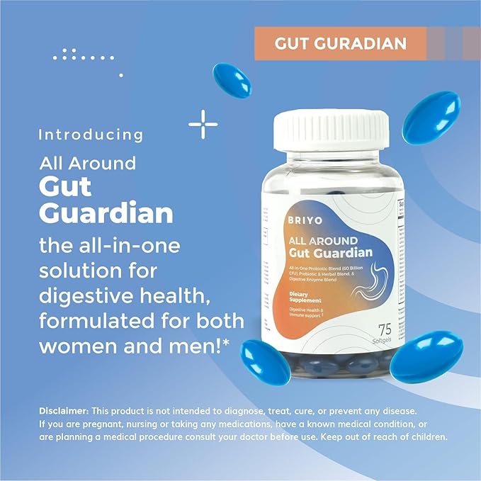 Briyo Gut Guardian Gut Health Support - 60 Billion CFU Probiotics, Prebiotics, Digestive Enzymes, and Herbs for Digestion & Immune Health - Relieves Constipation, Diarrhea, Gas & Bloating
