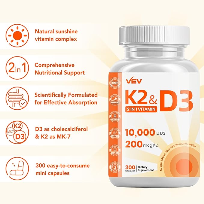 VEV Vitamin D3 K2, 10,000 IU D3, 200mcg K2 (with MK7), Supports Bone and Teeth Health, Dual Nutrient Support for Daily Wellness, Easy to Swallow (Packaging May Vary) – 300 Capsules