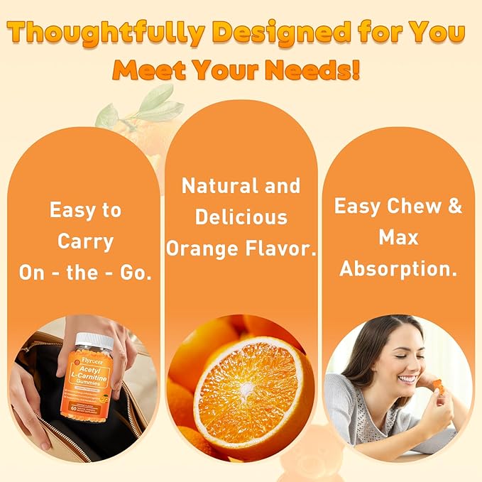 2 Pack Acetyl L-Carnitine Gummies for Energy & Brain Function Support – Vegan, Non-GMO, Orange Flavor, 120 Count (60-Day Supply)