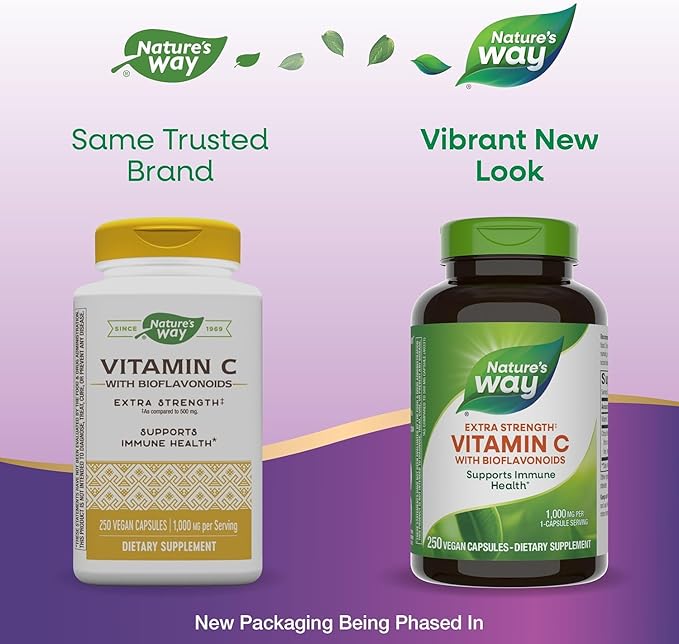 Nature's Way Extra Strength Vitamin C with Bioflavonoids, Supports Immune Health*, Promotes Collagen Production for Healthy Skin*, 1g Vitamin C per Capsule, 250 Capsules (Packaging May Vary) - 2 Pack