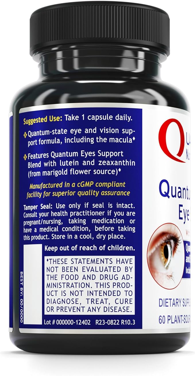 Quantum Nutrition Labs Eye Support - Eye Health Vitamins, Lutein and Zeaxanthin Eye Supplements for Adults and Seniors, Supports Macular Health, Contains Bilberry and Carrot - 60 Vegetarian Capsules