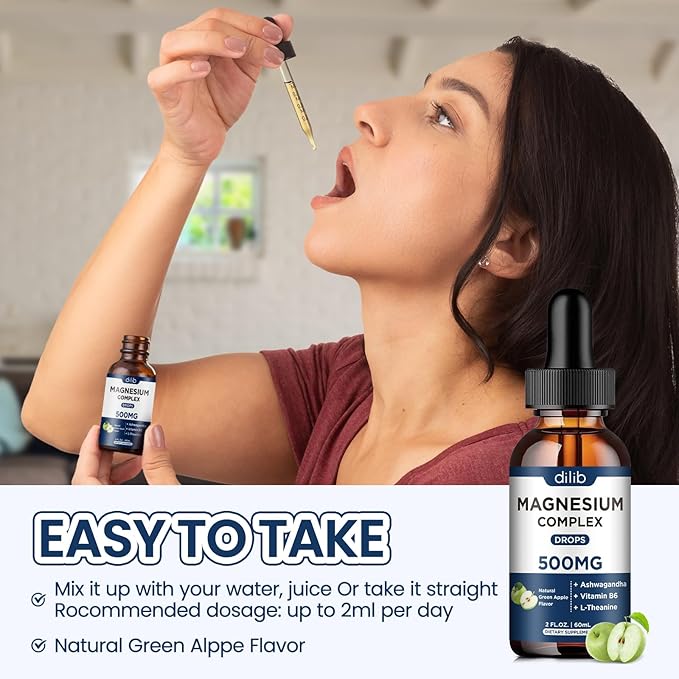 Triple Magnesium Complex Supplement-Magnesium Glycinate, Citrate, Malate Liquid Drops 500mg with Ashwagandha, L-Theanine, B6 for Calm, Stress Relief, Sleep, Muscle Support-Green Apple Flavor