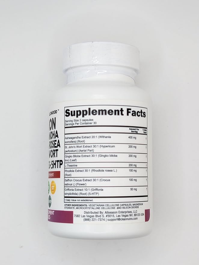 Clean Nutraceuticals Saffron Supplements with Ashwagandha - Mood Support with L-Theanine, Ginkgo Biloba, St. John's Wort, Rhodiola Rosea & 5-HTP - Saffron Pills