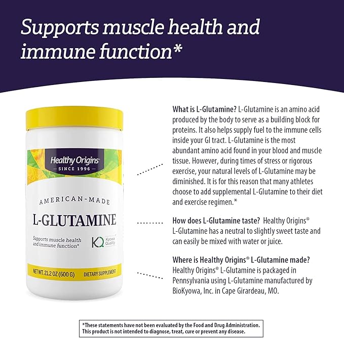 Healthy Origins L-Glutamine (American-Made, Non-GMO, Gluten Free, Muscle Support, Immune Support), 21.2 Ounce