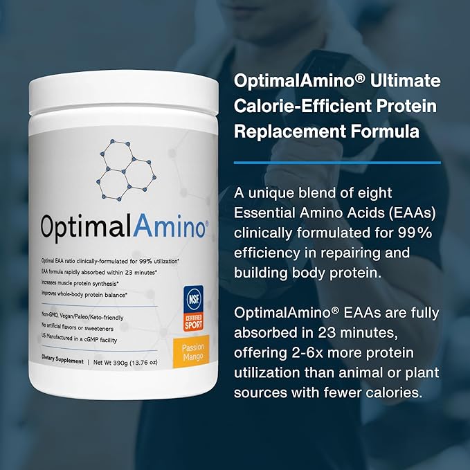 optimal amino Amino Acid Powder | 99% Utilized Essential Amino Acid (EAA) Supplement | Pre/Post Workout & Muscle Recovery | NSF for Sport Certified | Passion Mango Flavor