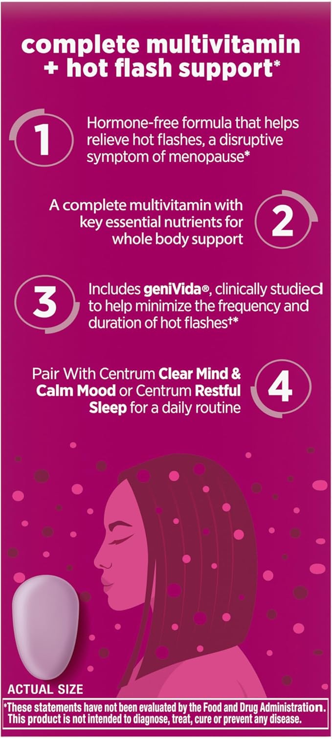 Centrum Complete Multivitamin Supplement + Hot Flash Support Menopause Support Tablets, with Clinically Studied geniVida, 30 Count