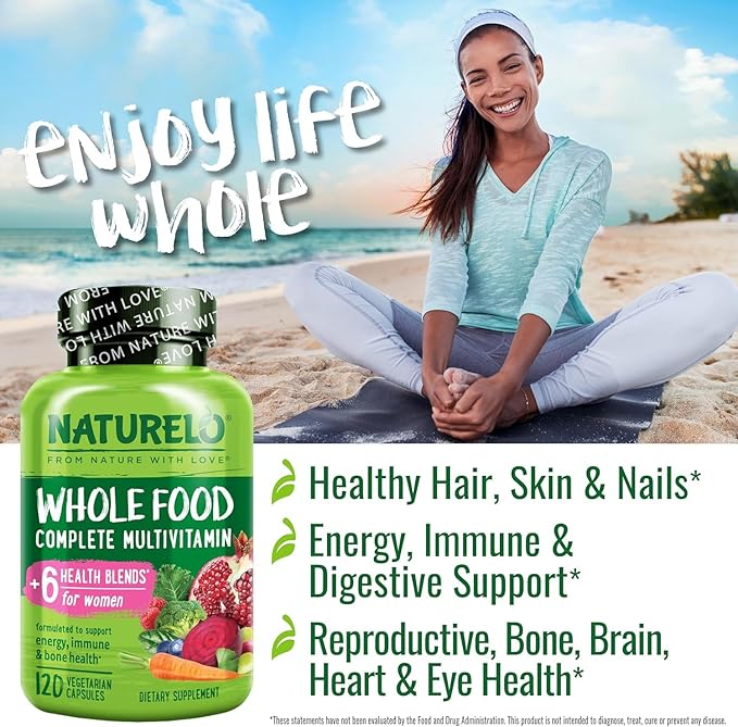 NATURELO Whole Food Multivitamin for Women - with Vitamins, Minerals, & Organic Extracts - Supplement for Energy and Heart Health - Non GMO - 120 Vegan Capsules