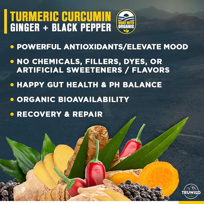 TruWild Vegan Turmeric Curcumin Drink Mix Powder with Organic Curcuminoids Black Pepper Ginger to Support Wellness and Joint Health, All Natural Made in USA, 20 Servings