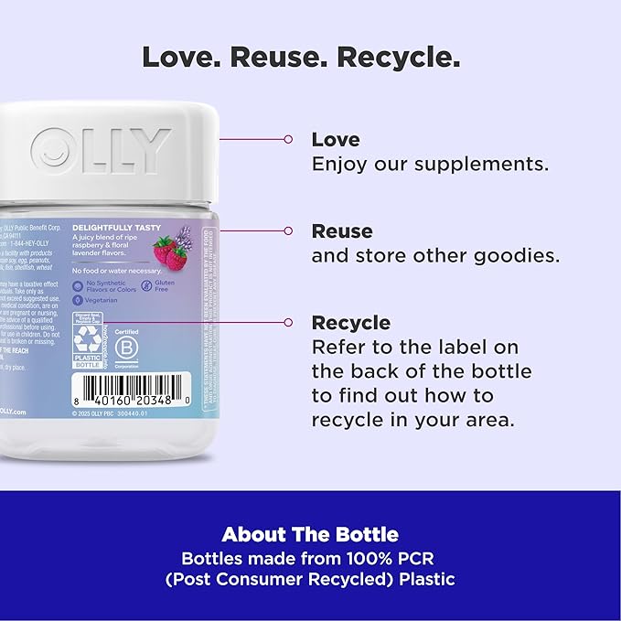 OLLY Relaxing Magnesium Gummies, Supports Muscle Relaxation*, Magnesium Citrate, Raspberry Lavender Flavor, 15 Day Supply - 60 Count