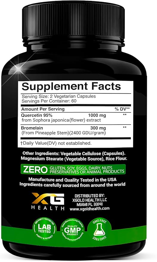 Quercetin + Bromelain 1,300mg – Quercetin: 95% - Highly Purified and Highly Bioavailable Plus Bromelain 2,400 GDU/g - Made in USA | 120 Caps