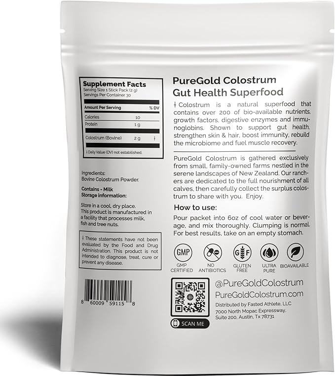 PureGold Colostrum | Premium Grass Fed | Supports Gut Health, Skin & Hair, Muscle Recovery, Bloating, Immunity | Colostrum Supplement Powder | Unflavored, 30 Serving Packets