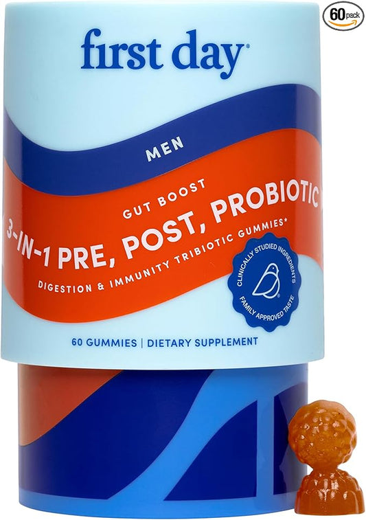 FIRST DAY Mens 3-in-1 Probiotic Gummies – Prebiotic + Probiotic + Postbiotic Supplement – Supports Digestive & Oral Health, Immune Function & Energy Levels – 30-Day Supply
