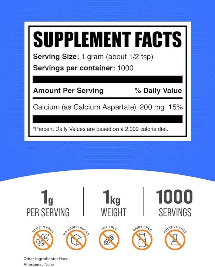 BulkSupplements.com Calcium Aspartate Powder - Calcium Supplement Powder, Essential Nutrient - Gluten Free, 1g per Serving, 1kg (2.2 lbs) (Pack of 1)