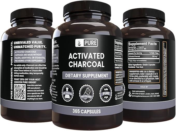 Pure Original Ingredients Activated Charcoal, No Magnesium or Rice Fillers, Always Pure, Lab Verified (365 Count)