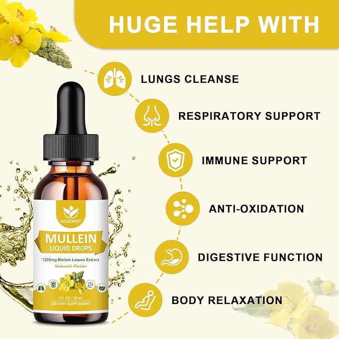 4-in-1 Mullein Leaves Extract Drops for Lungs - Respiratory Support and Lungs Cleanse, Mullein Liquid Supplements with Elderberry, Marshmallow Root & Orange Peel, Natural Flavor, 1 Fl Oz (2 Pack)