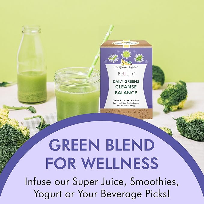 Organic Veda BeUslim Daily Greens Cleanse Balance with Ashwagandha, Spirulina - Super Greens Dietary Supplement - Promotes Digestion - 5gx30 Sachets