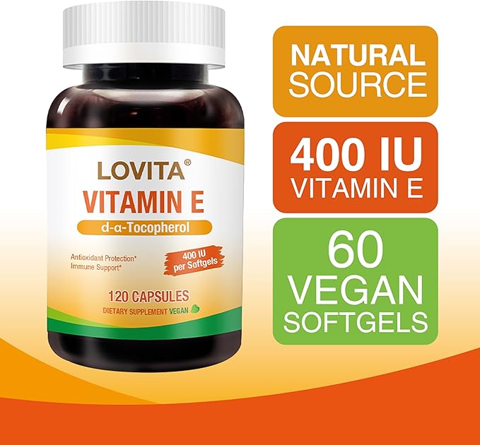 Lovita Vitamin E 400 IU Vegan Softgels, Natural Vitamin E 268 mg (as D Alpha Tocopherol), for Healthy Skin, Hair, Nails, Antioxidant &Immune Support, 120 Vegan Softgels (Pack of 3)