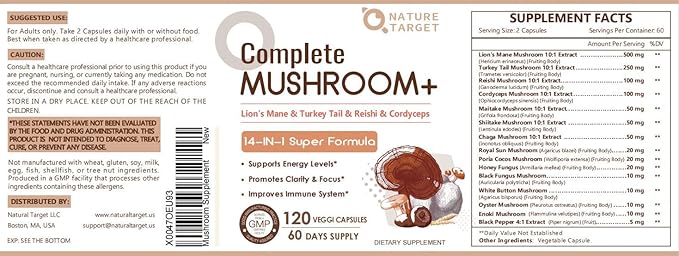 NATURE TARGET Mushroom Supplement, Mushroom Complex with Lion's Mane, Turkey Tail, Reishi, Cordyceps, Shiitake, 14-in-1 Mushrooms for Memory and Focus, 120 Capsules