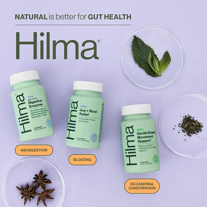 Hilma De-Bloat Bundle for Pre or Post Meal, Gas & Bloating Relief for Women (50 Vegan Capsules) with Lemon Balm & Peppermint Leaf, Digestive Enzymes for Women (30 Vegan Capsules) with Dandelion Root