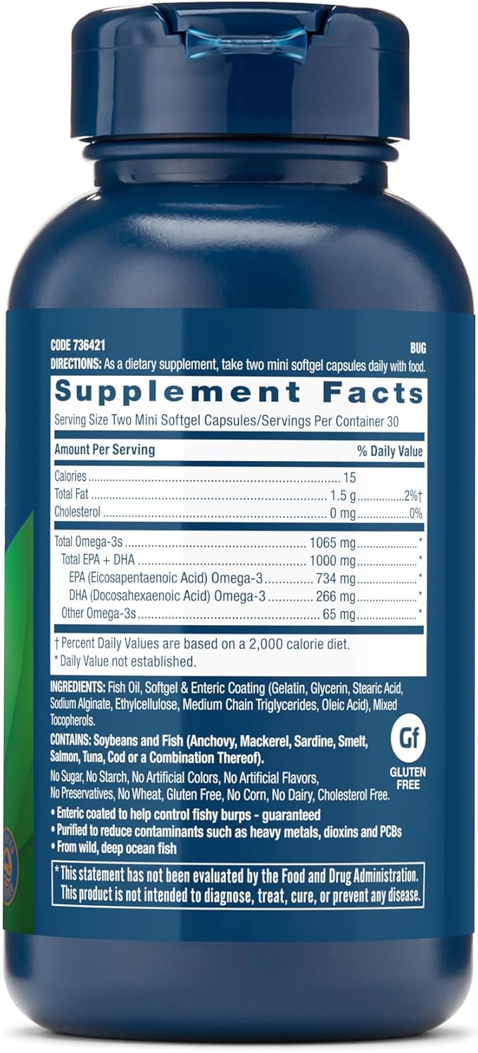 GNC Triple Strength Fish Oil Mini Omega 3 Supplement, 1000mg EPA and DHA, Supports Heart, Brain, Skin, Eye and Joint Health, 60 Mini Softgels