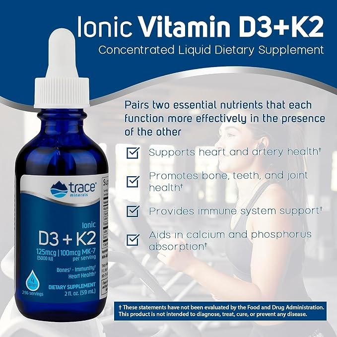Trace Minerals | Liquid Ionic Vitamin D3 + K2 | 125 mcg (5,000 IU) D3, 100 mcg K2 | Concentrated Dietary Supplement | 2 fl oz. 296 Servings