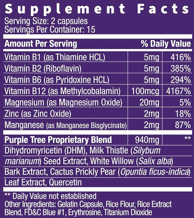 purple tree Post-Celebration Wellness Vitamins | Liver Support, Rapid Hydration, Body Replenisher | Dihydromyricetin DHM, Milk Thistle, Electrolytes, Vitamin B, Willow Bark, Quercetin (30 Pills)