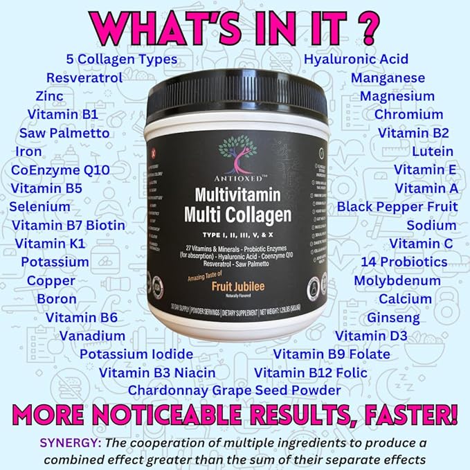 Multi Collagen Multivitamin for Women+Men, Keto, Skin, Joint, Cognitive, Heart, Sensual, & Immune Health, Hydrolyzed Peptides, Antioxidants, Probiotics, No Sugar, 30 Fruit Powder Servings