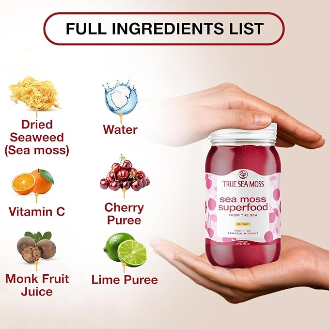 TrueSeaMoss Sea Moss Gel – Made in USA – Wildcrafted Seamoss, Fresh Fruits & Sea Vegetables – Cherry, Pack of 1 (Labels may Vary)