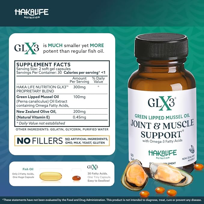 GLX3 Extra Strength Green Lipped Mussel Oil Capsules - Long-Lasting Joint Comfort Supplement - Support for Aches, Soreness - Naturally Rich in Omega 3 & Chondroitin Sulfate 6 Pack