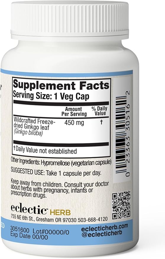 Eclectic Institute Raw Freeze-Dried Ginkgo | Circulatory Support, Supports Brain Function, Concentration & Memory | 120 CT