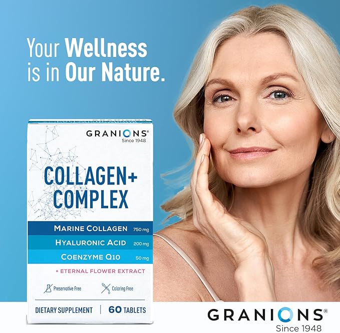 Collagen Complex Supplement – 750mg Hydrolyzed Marine Collagen Peptides, 200mg Hyaluronic Acid, Coenzyme Q10 CoQ10, Eternal Flower Hydration, Age Defense Supplements - 60 Foil Sealed Tablets