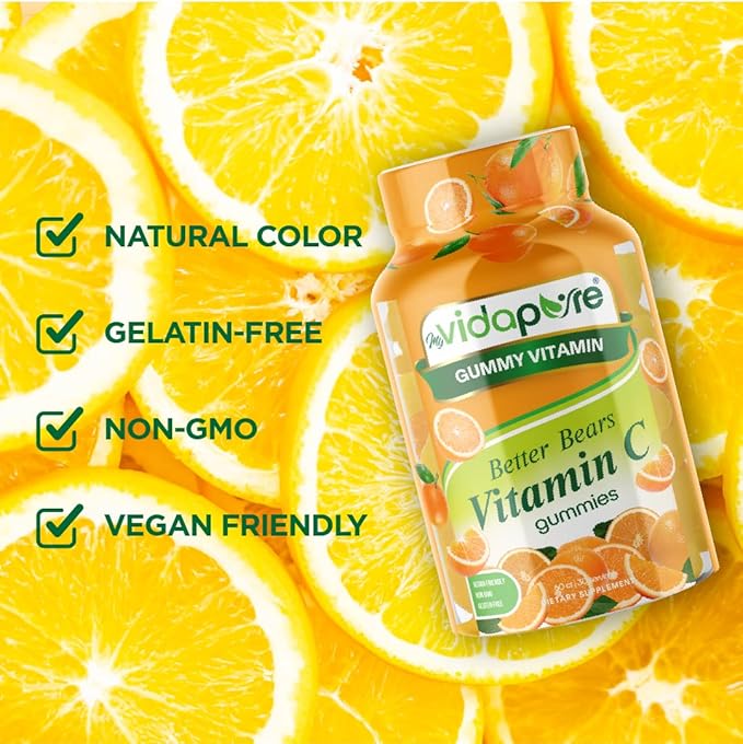 MYVIDAPURE Vitamin C Gummy Slices Natural Orange Flavor Non-GMO Vegan Friendly Gluten Free Gelatin Free (60 Gummies)