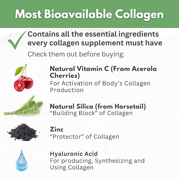 Collagen Peptides Powder with Vitamin C & Hyaluronic Acid - Organic Cleanest Sources & Super High Absorption - Hydrolyzed Multi Type I, II, III, V, X - Skin Hair Supplement (capsules)